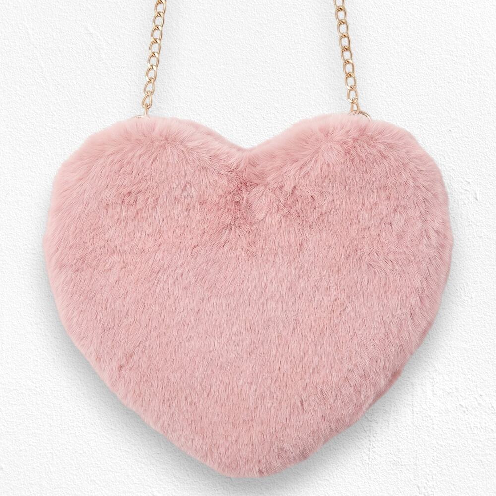 Pink Heart Faux Fur Fluffy Shoulder Fashion Chain Crossbody Bag Cute Purse